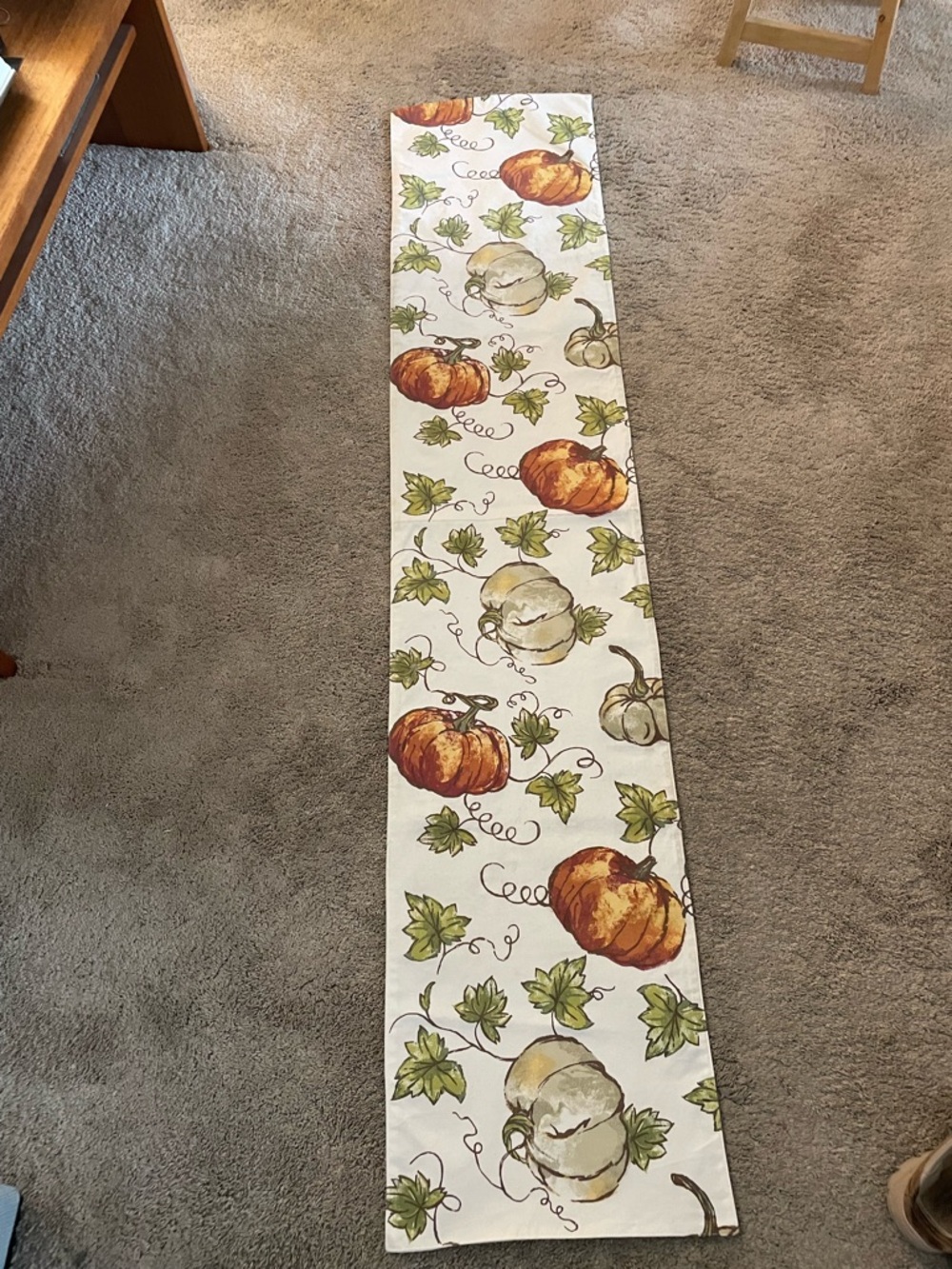 Fall Autumn Pumpkin Table Runner - White Background with Orange & Green Pumpkins